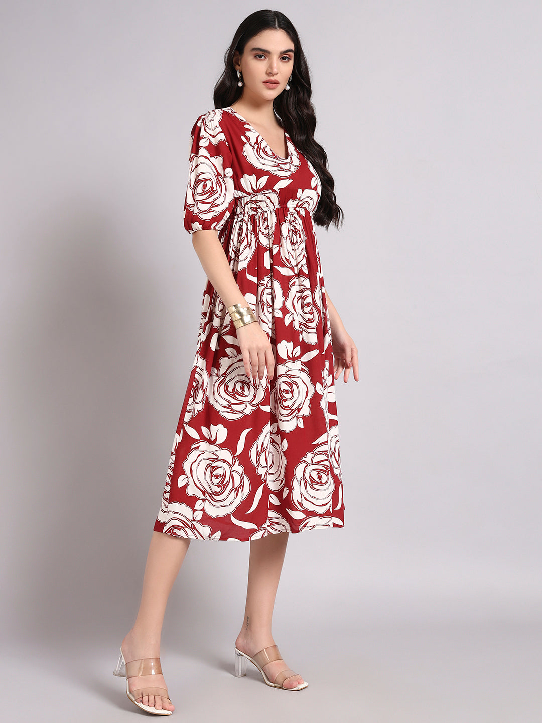 Women Floral Printed Gathered or Pleated Puff Sleeves Fit and Flare Midi Dress