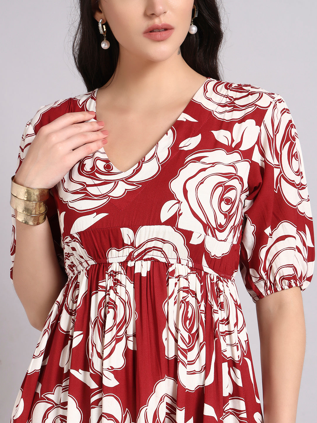 Women Floral Printed Gathered or Pleated Puff Sleeves Fit and Flare Midi Dress