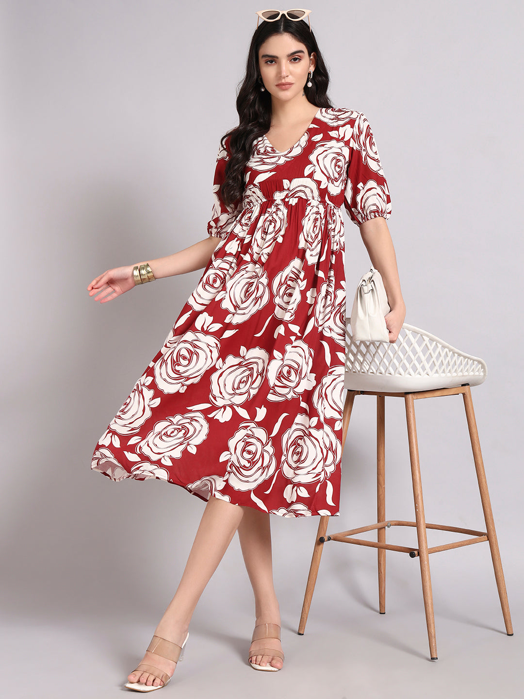 Women Floral Printed Gathered or Pleated Puff Sleeves Fit and Flare Midi Dress