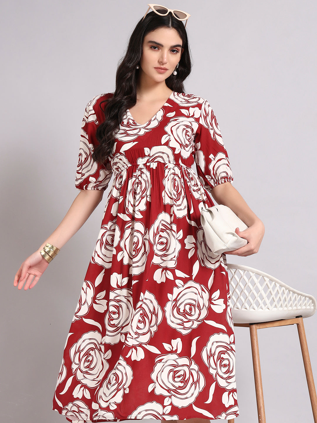Women Floral Printed Gathered or Pleated Puff Sleeves Fit and Flare Midi Dress