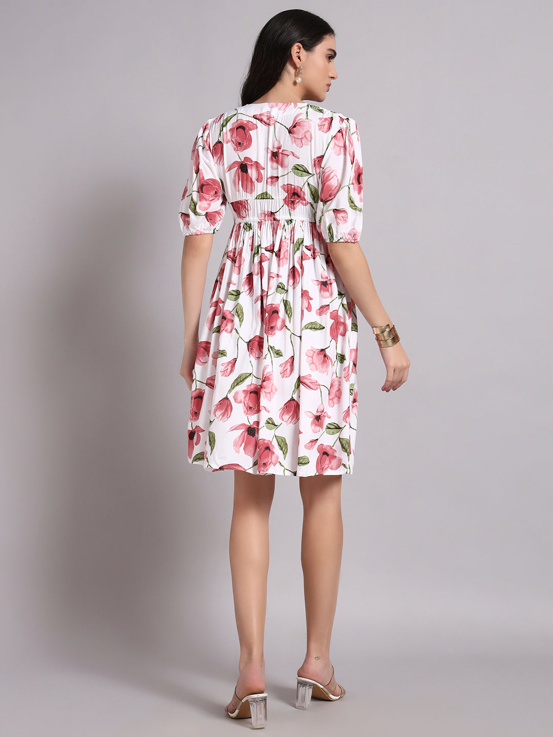 Floral Printed Puff Sleeve Fit & Flare Dress