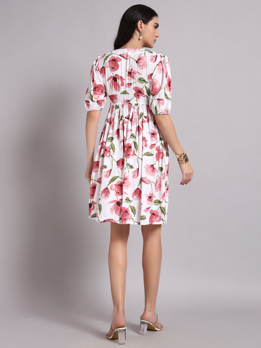 Floral Printed Puff Sleeve Fit & Flare Dress