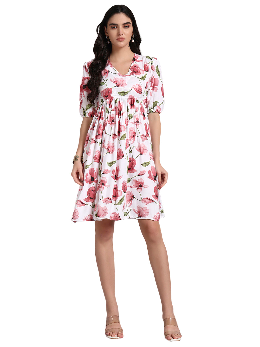 Floral Printed Puff Sleeve Fit & Flare Dress