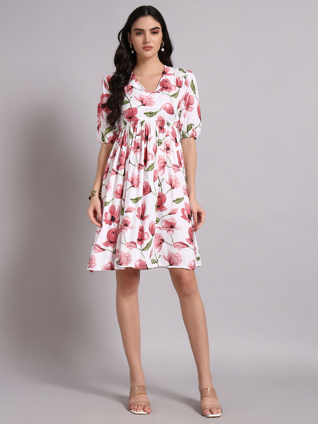 Floral Printed Puff Sleeve Fit & Flare Dress