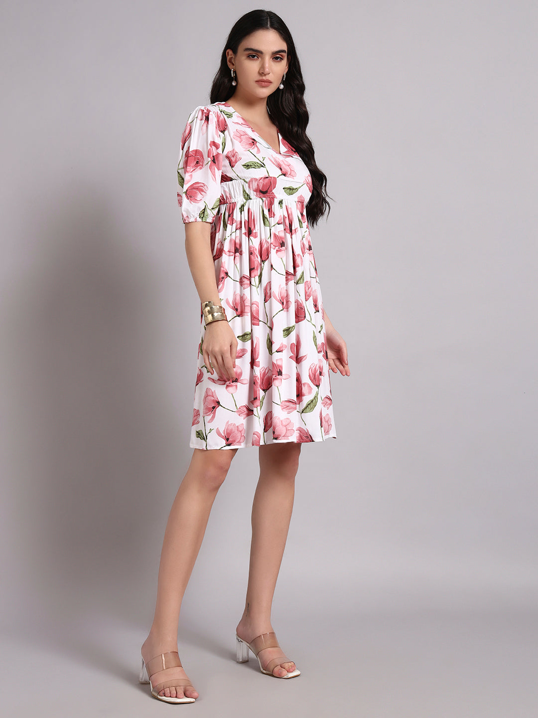 Floral Printed Puff Sleeve Fit & Flare Dress
