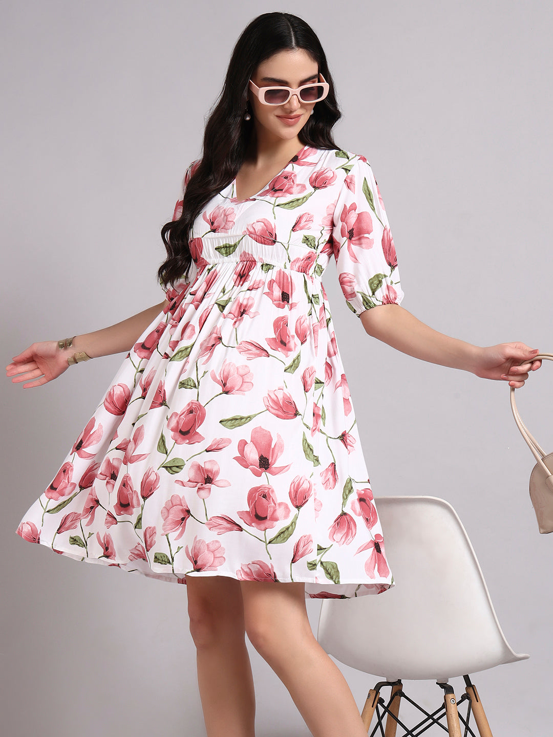 Floral Printed Puff Sleeve Fit & Flare Dress