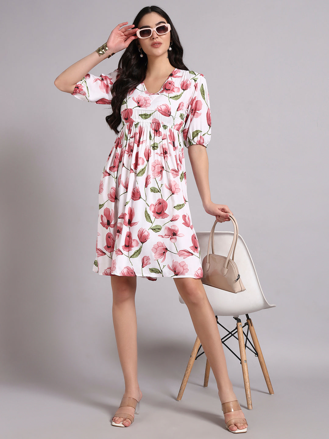 Floral Printed Puff Sleeve Fit & Flare Dress