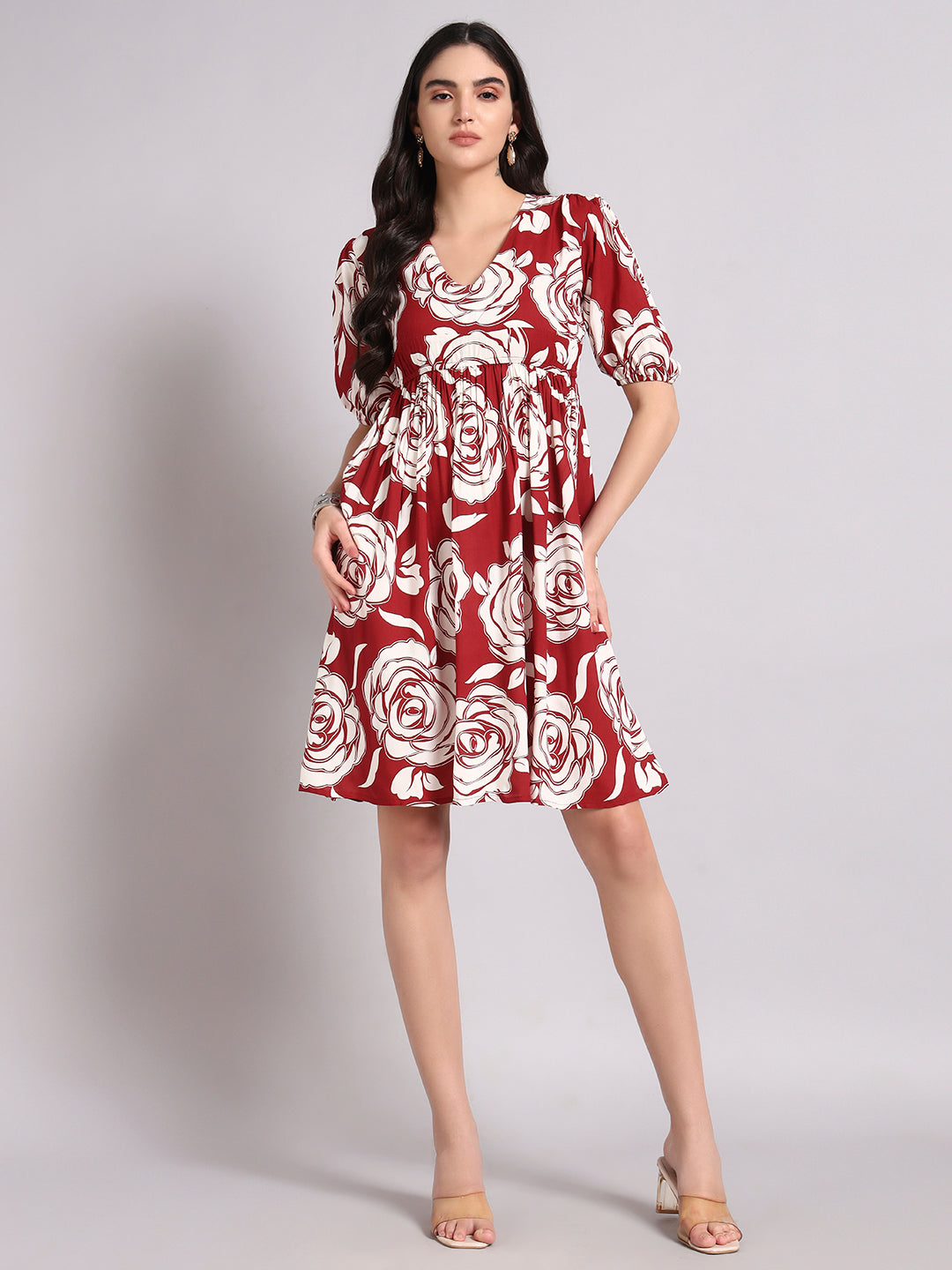 Women Floral Printed Puff Sleeves V-Neck Empire Dress