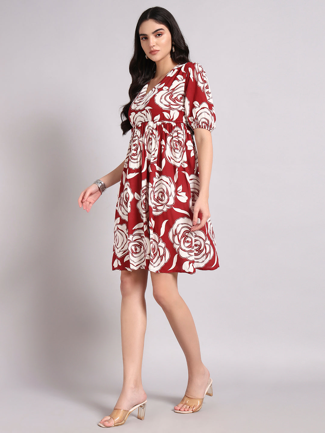 Women Floral Printed Puff Sleeves V-Neck Empire Dress