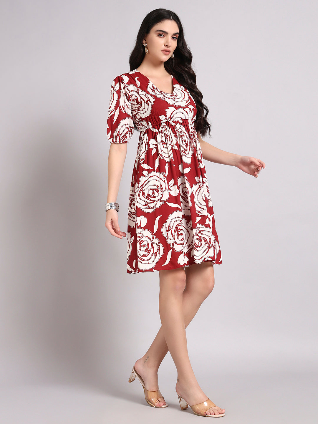 Women Floral Printed Puff Sleeves V-Neck Empire Dress