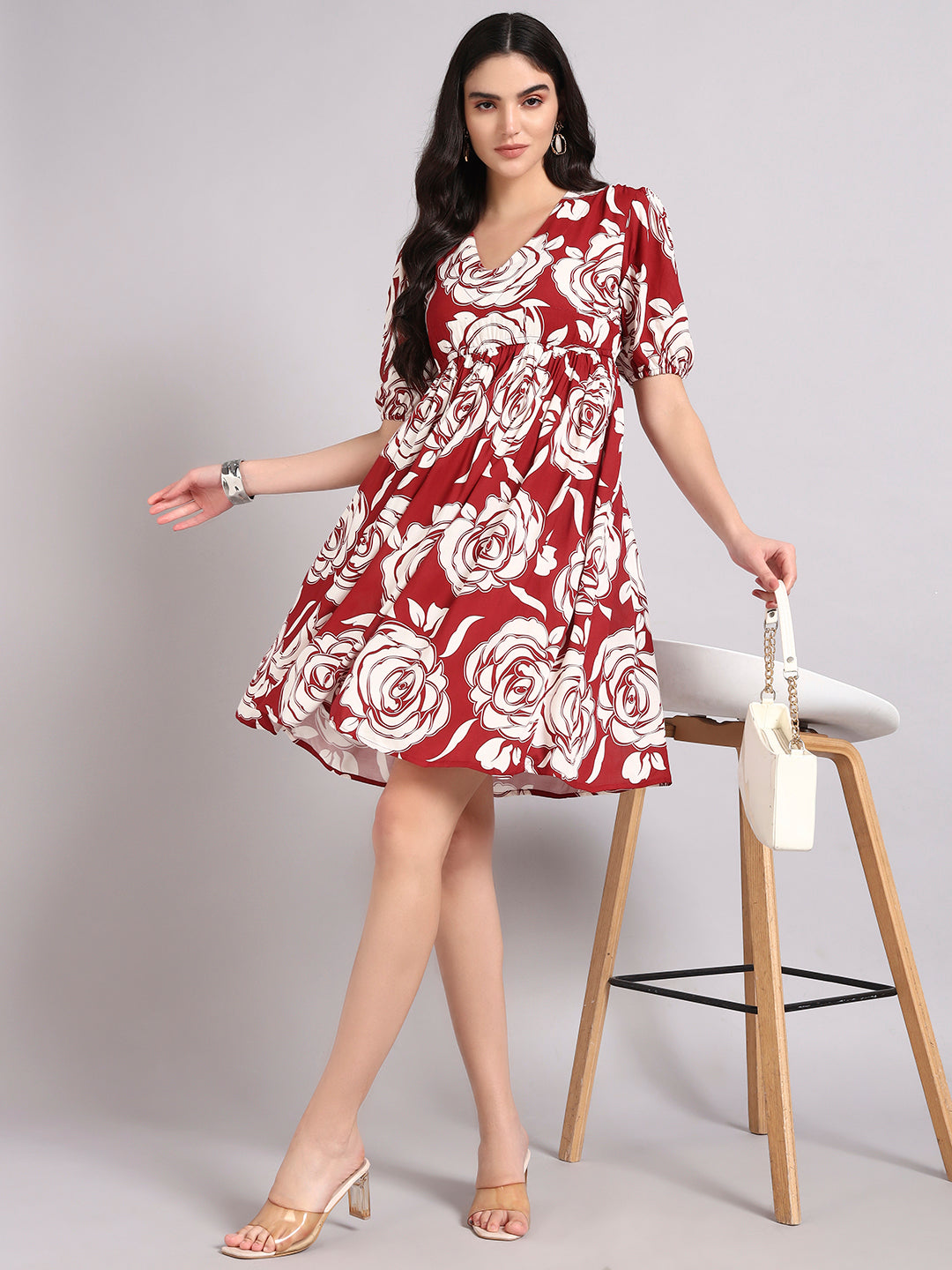 Women Floral Printed Puff Sleeves V-Neck Empire Dress