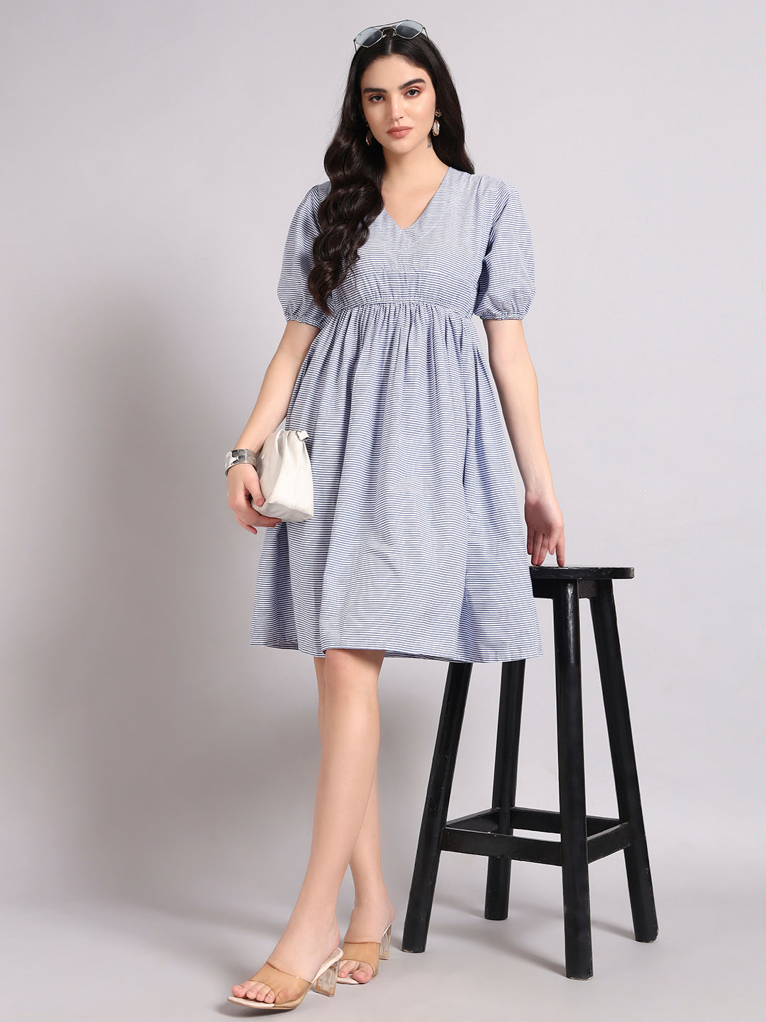 Women Blue Printed Flared Dress