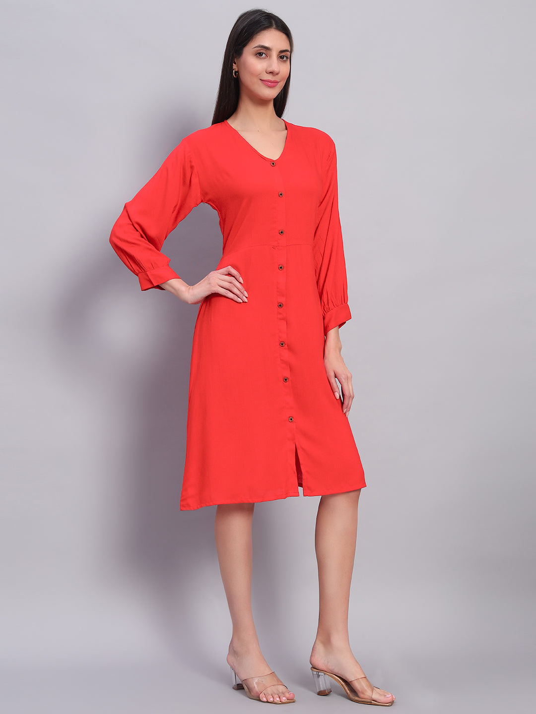 Women Red Solid Flared Dress