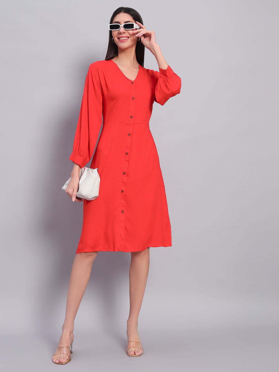 Women Red Solid Flared Dress