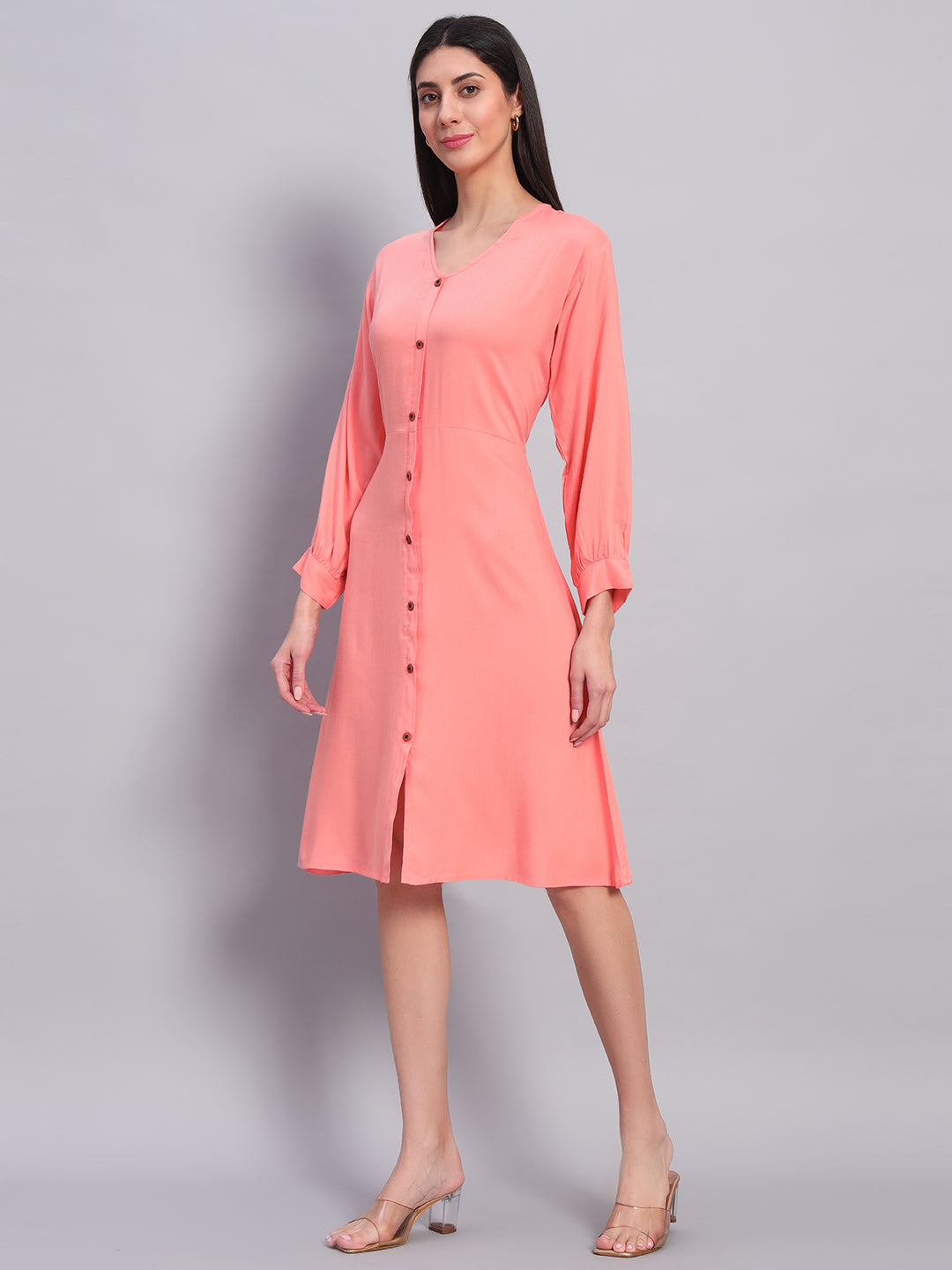 Women Peach Solid Flared Dress