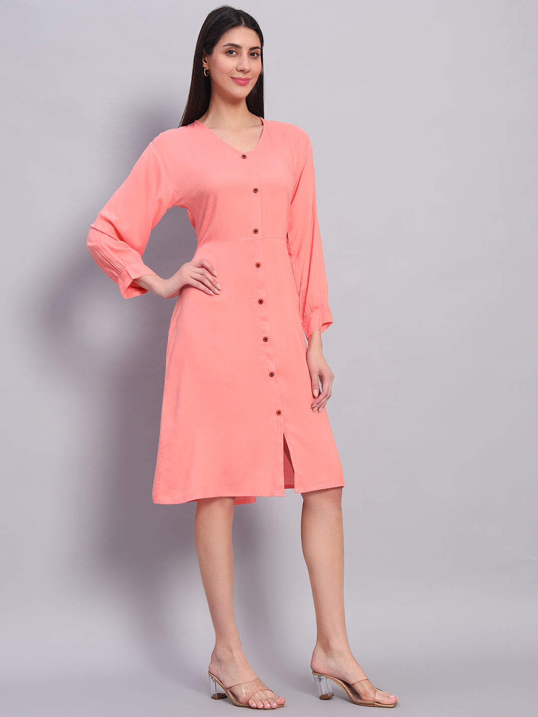 Women Peach Solid Flared Dress