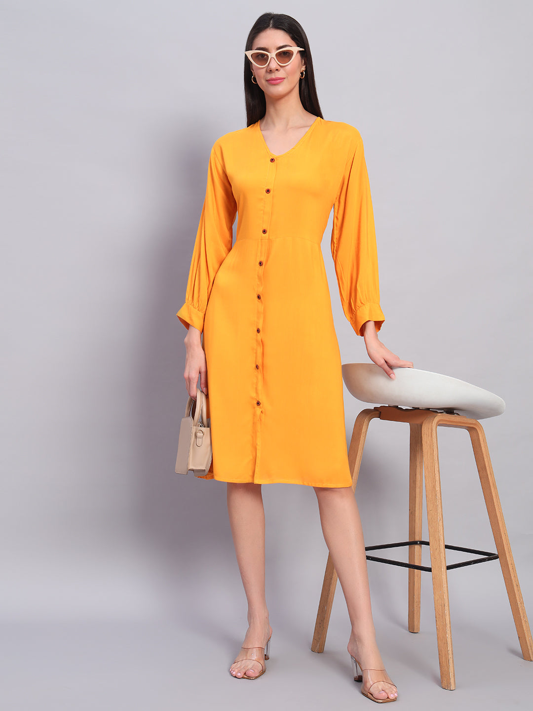 Women Yellow Solid Flared Dress