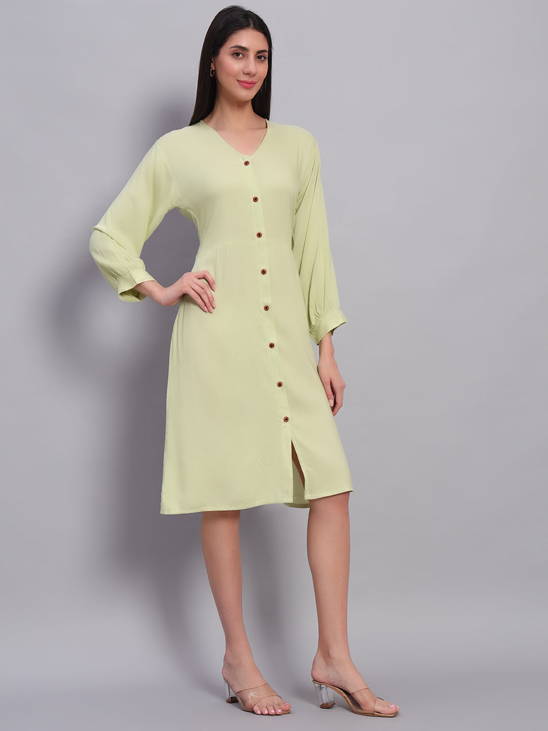 Women Light Green Solid Flared Dress