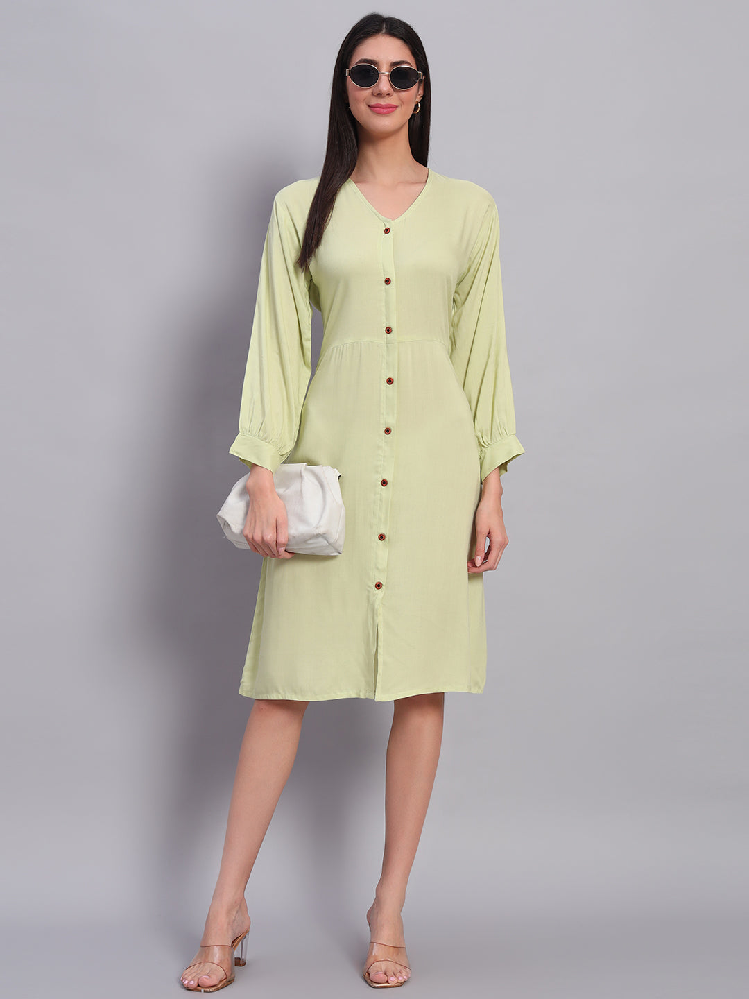 Women Light Green Solid Flared Dress