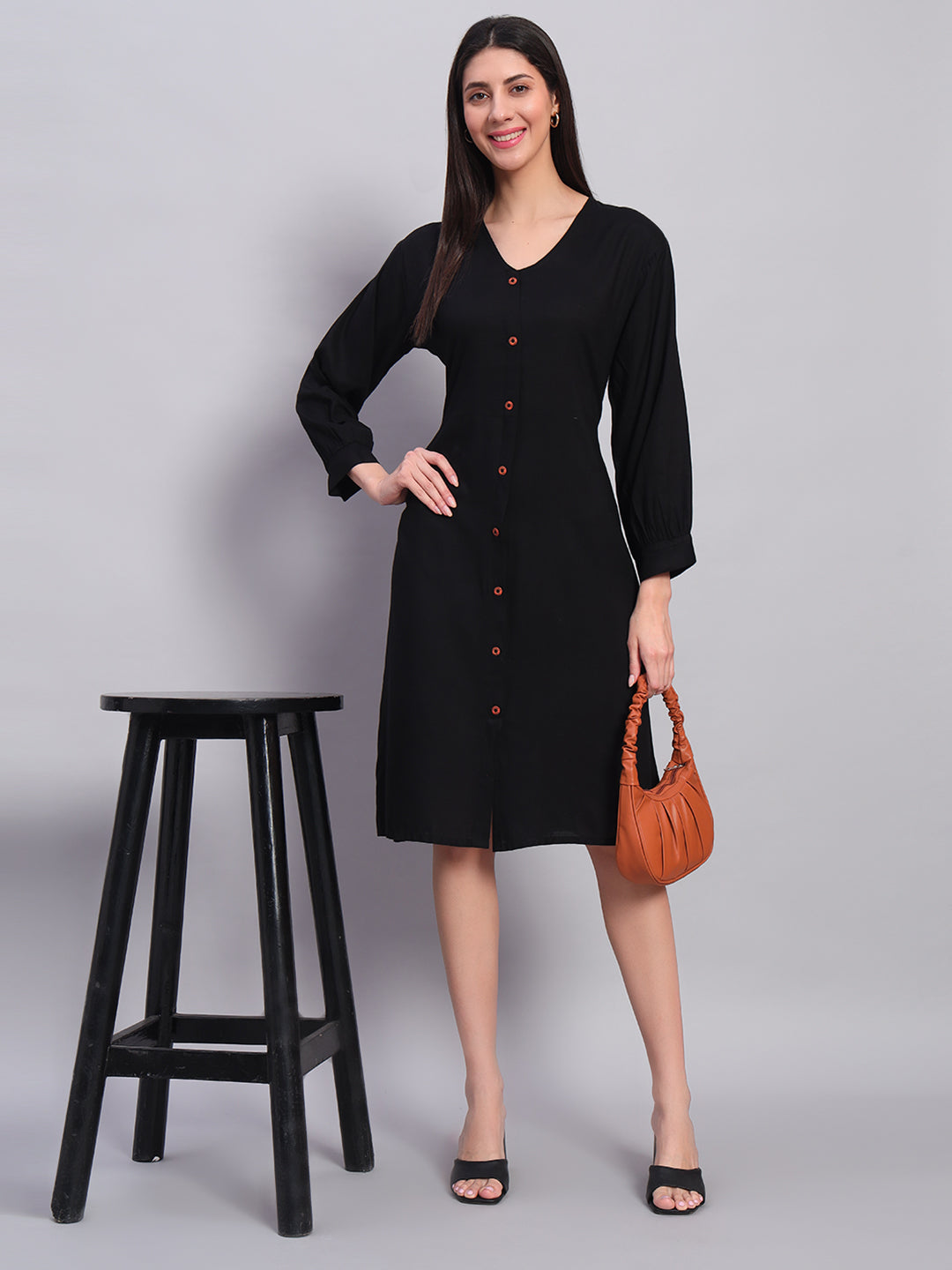 Women Black Solid Flared Dress