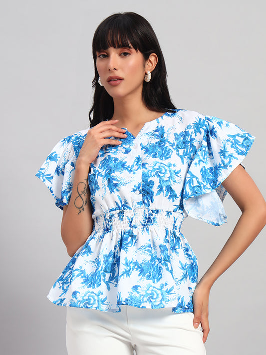 Women Blue & White Round Neck Peplum Top