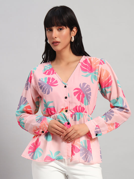 Women Pink V-Neck Peplum Top