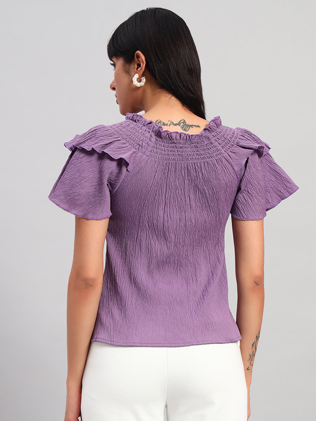 Women Purple Smocked Round Neck Regular Top