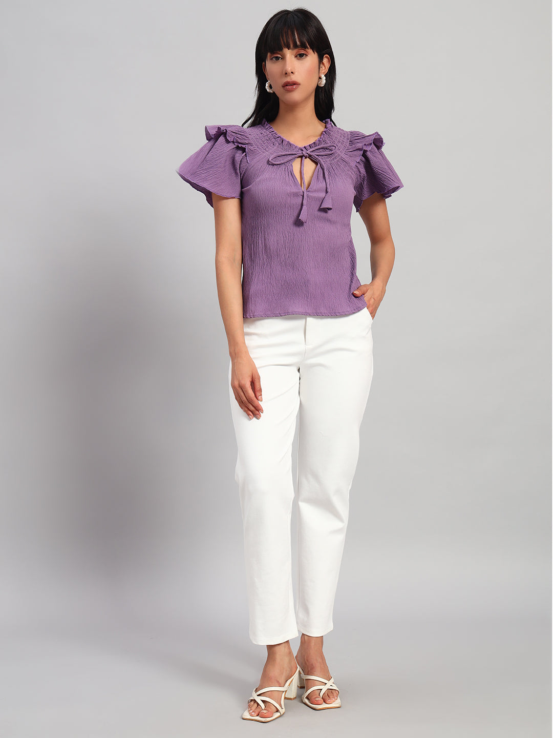 Women Purple Smocked Round Neck Regular Top