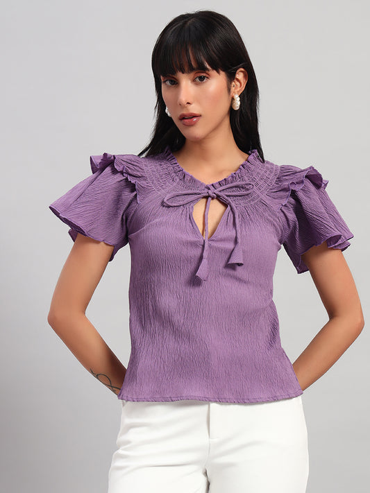 Women Purple Smocked Round Neck Regular Top