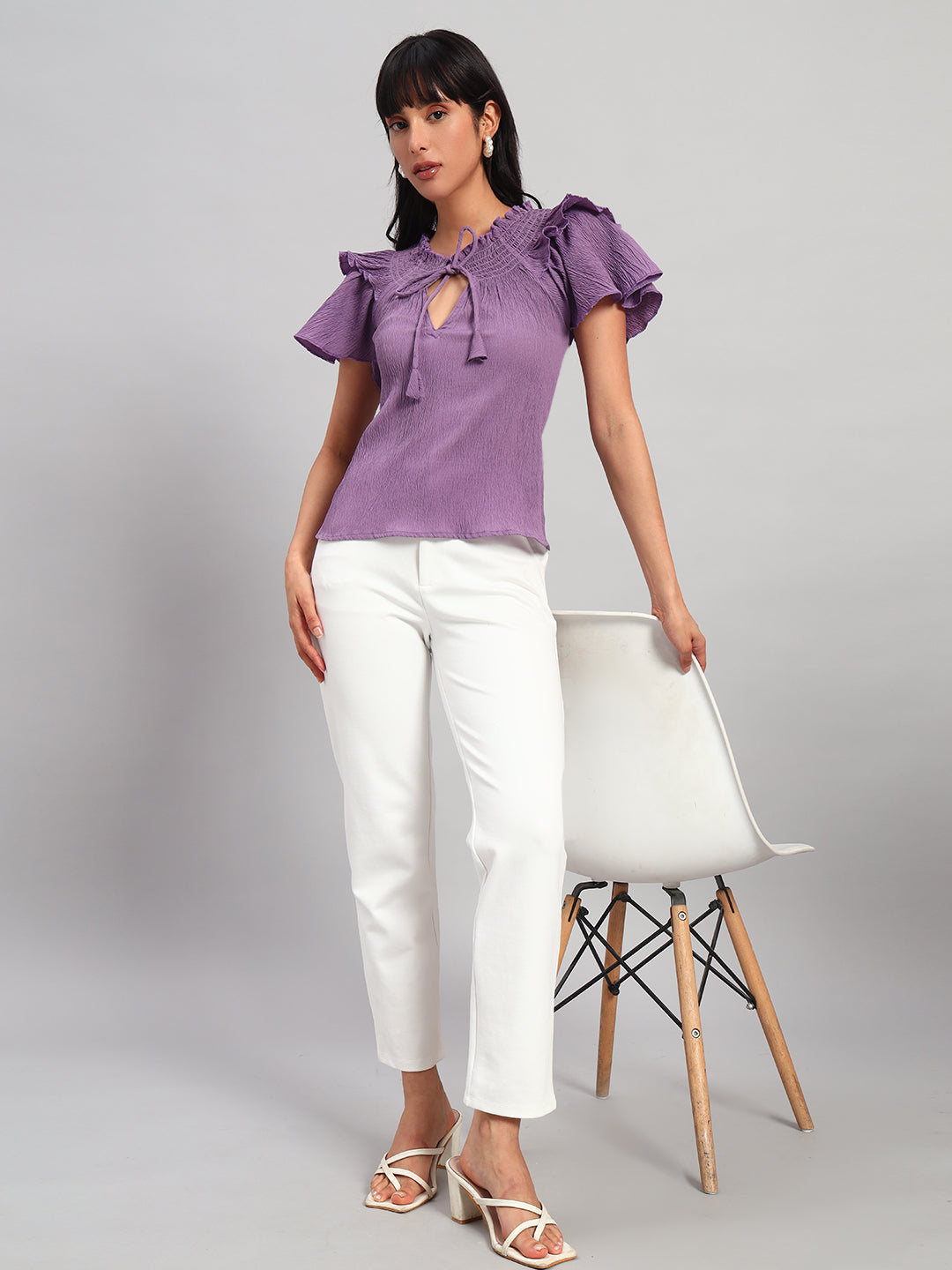 Women Purple Smocked Round Neck Regular Top