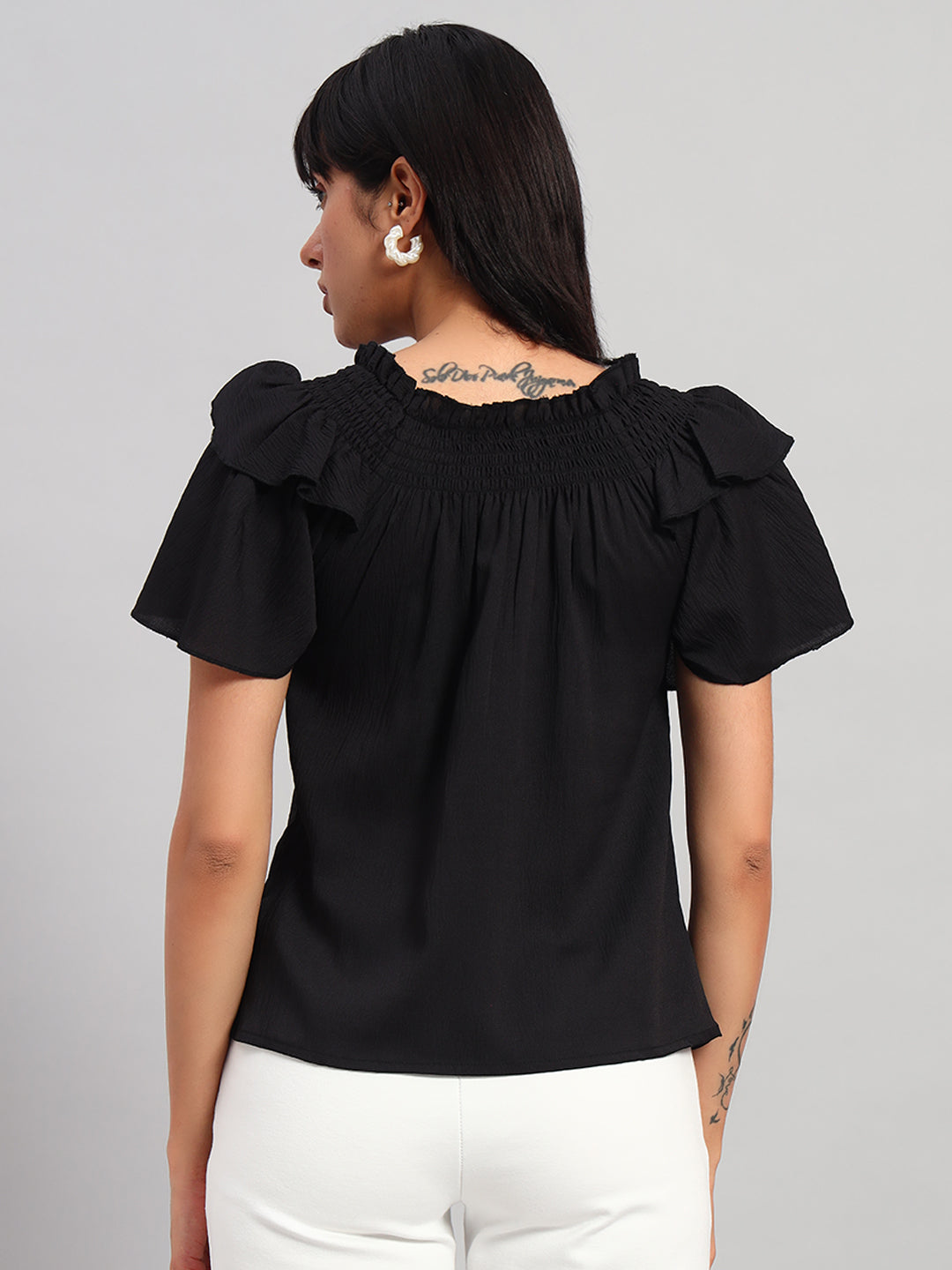 Women Black Smocked Round Neck Regular