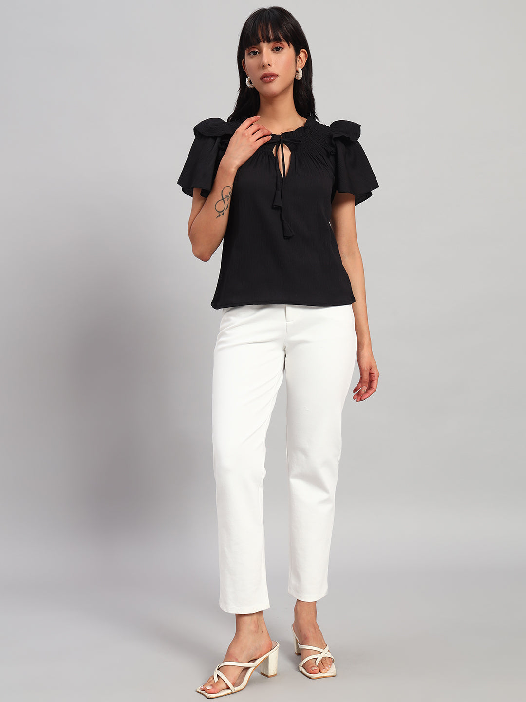 Women Black Smocked Round Neck Regular