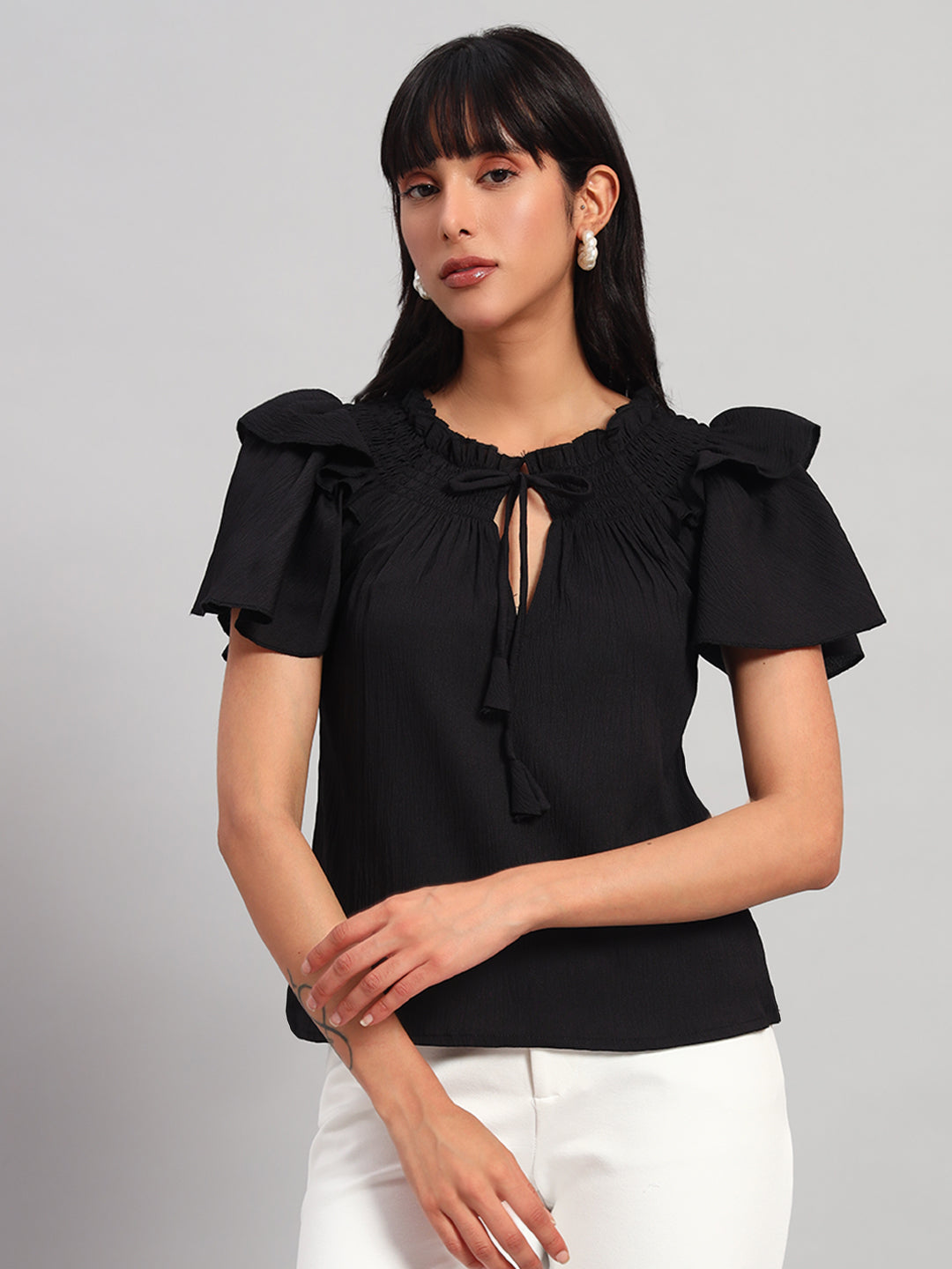 Women Black Smocked Round Neck Regular