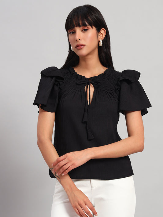 Women Black Smocked Round Neck Regular