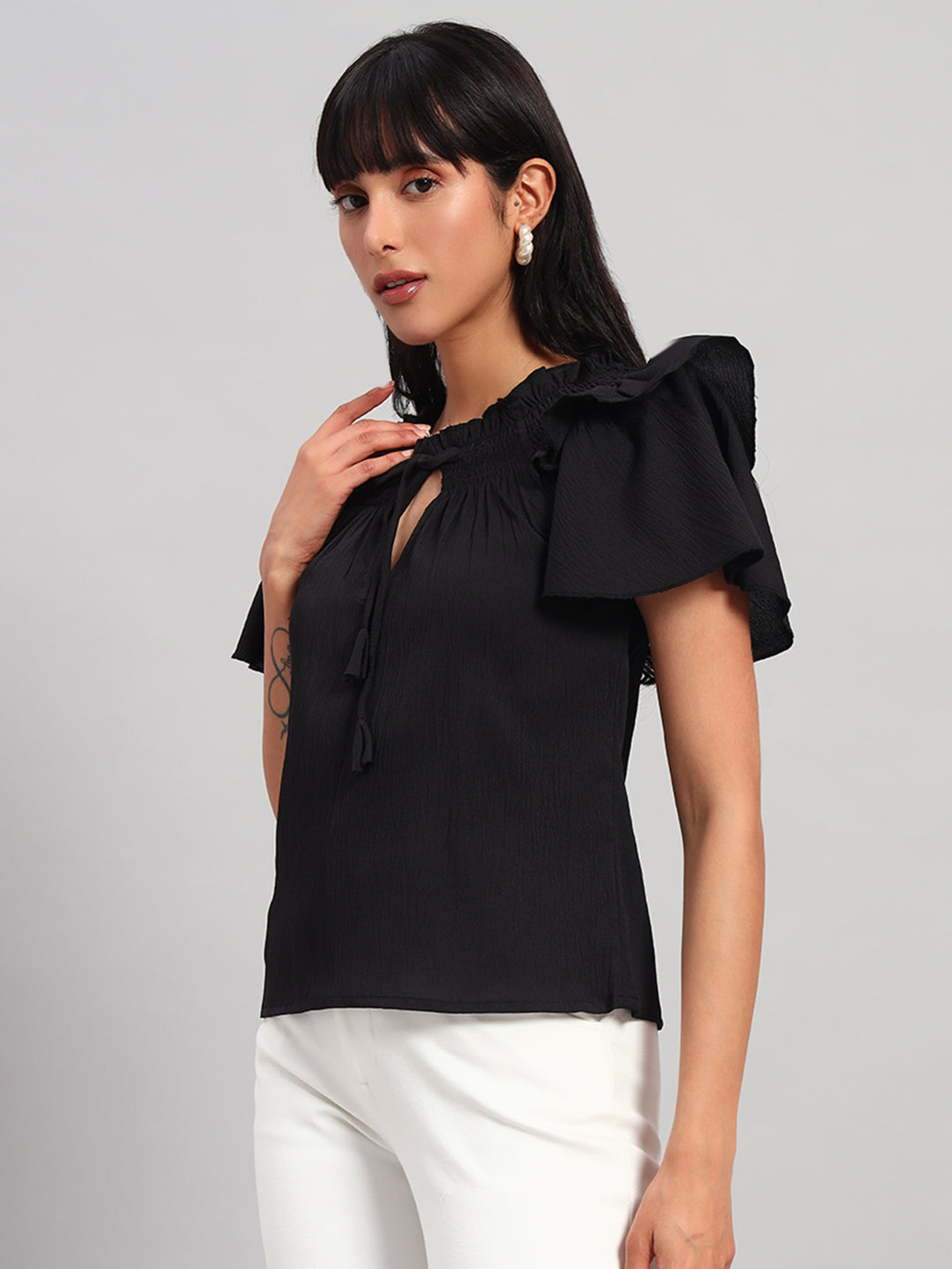 Women Black Smocked Round Neck Regular