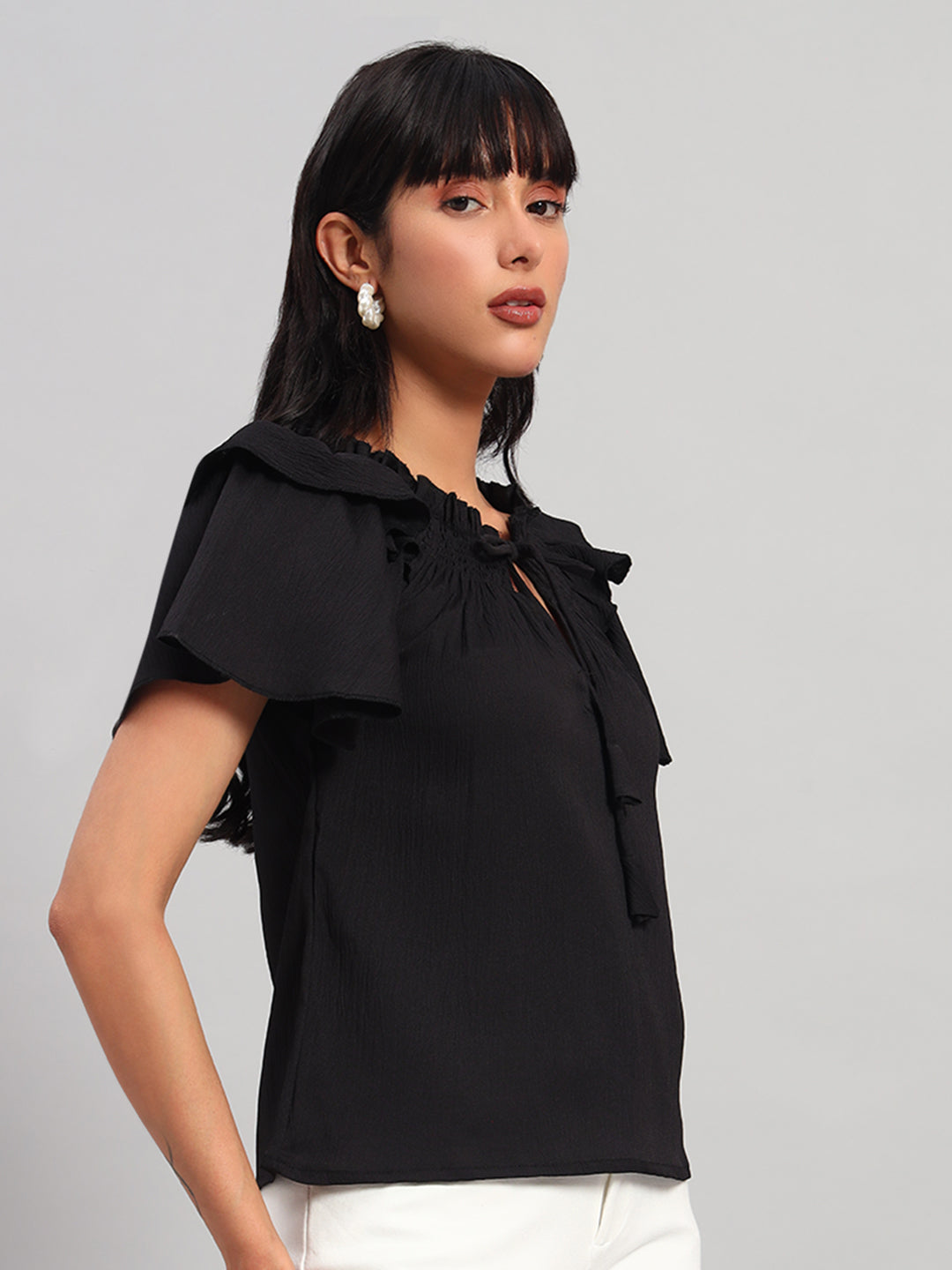 Women Black Smocked Round Neck Regular