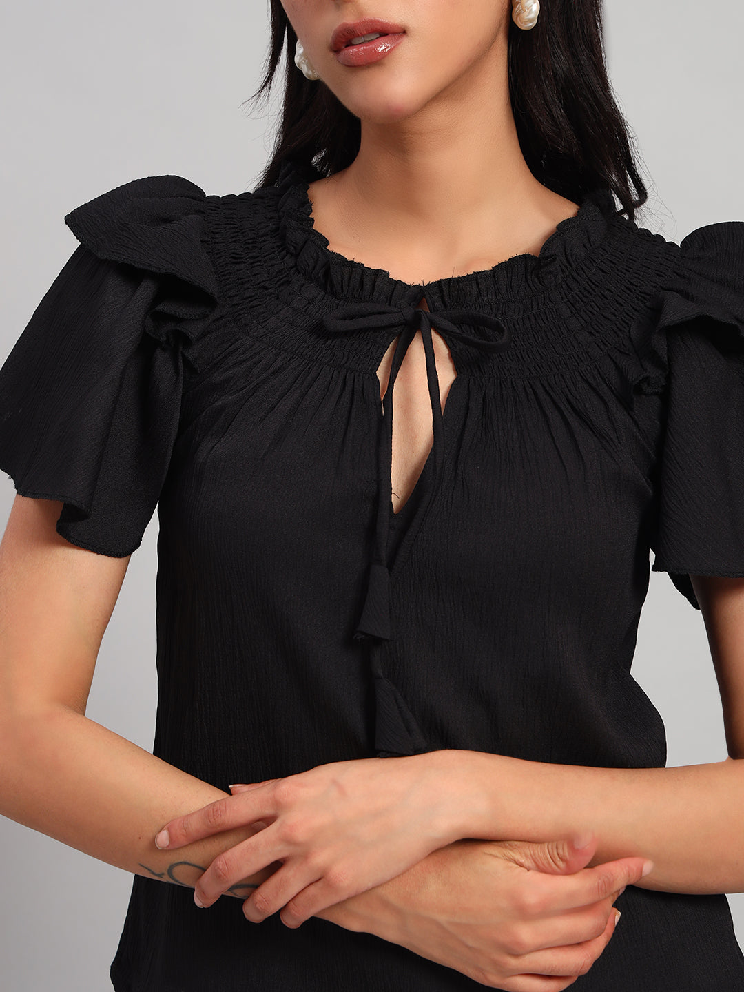 Women Black Smocked Round Neck Regular