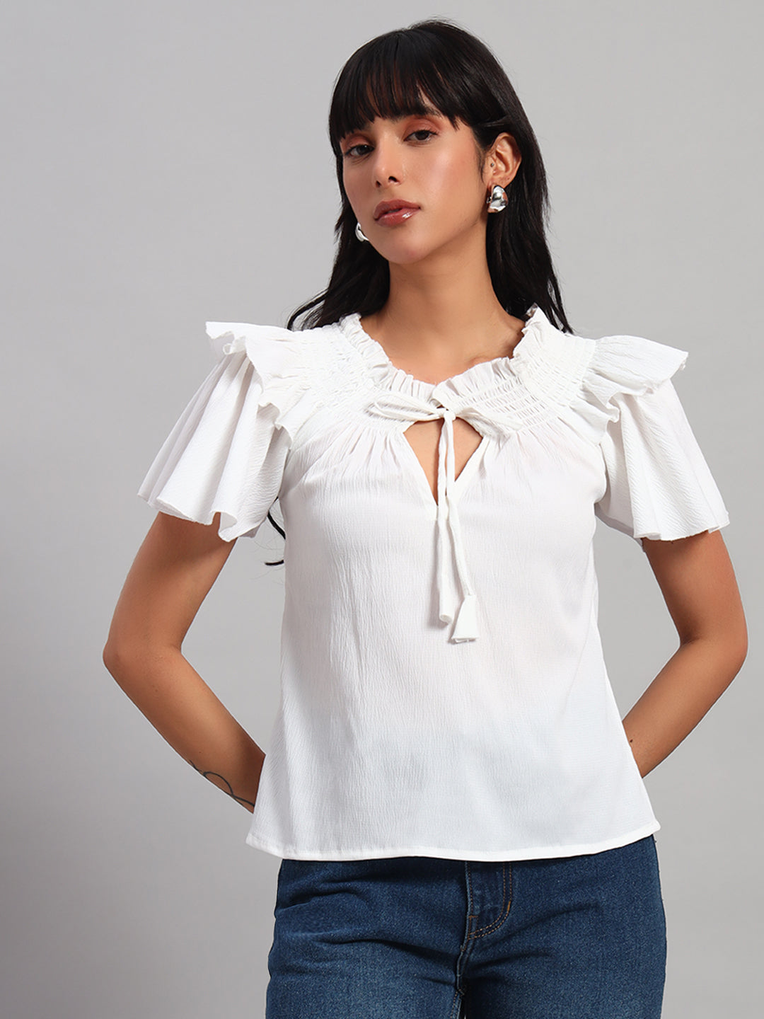 Women White Smocked Round Neck Regular Top