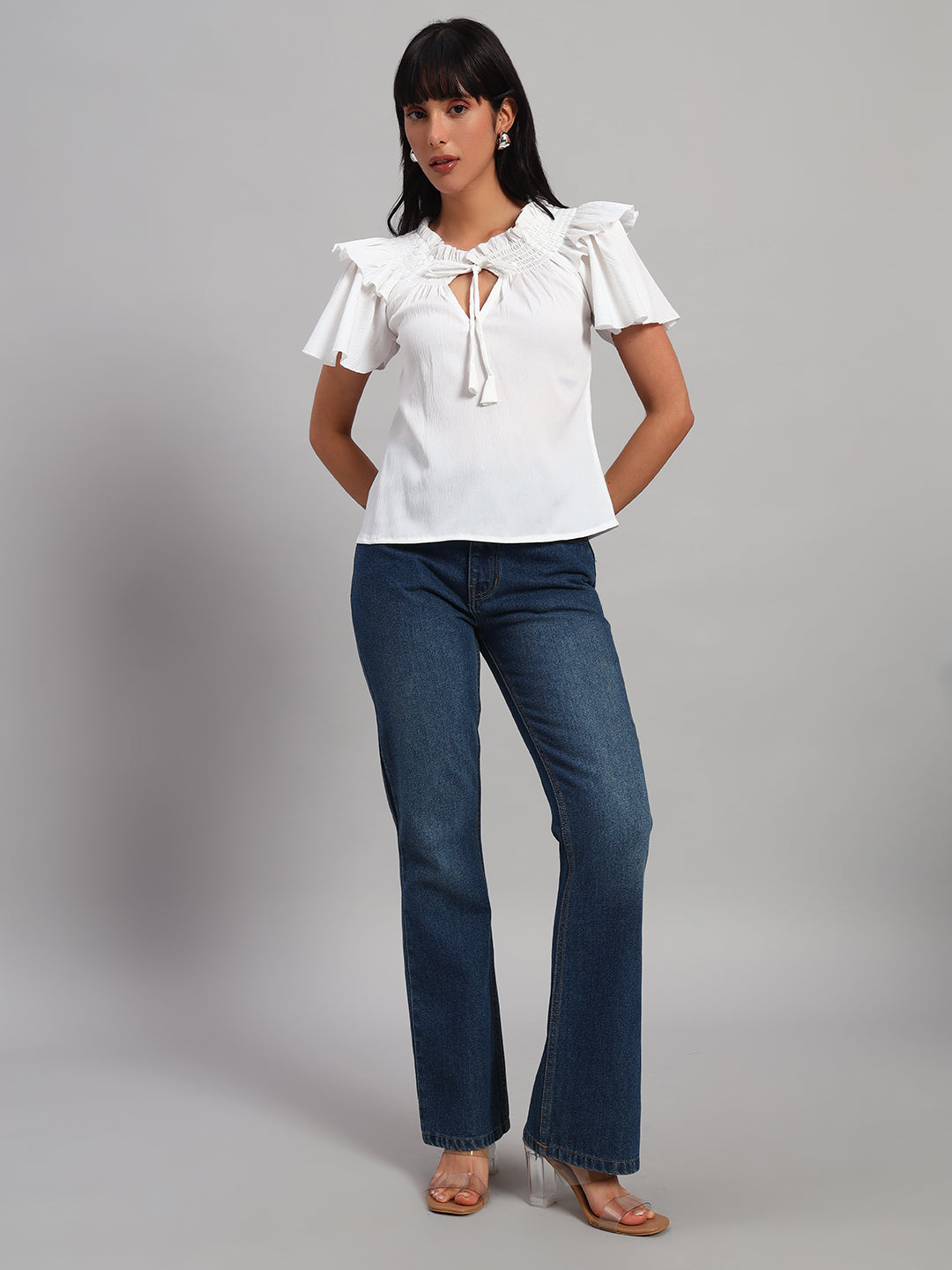 Women White Smocked Round Neck Regular Top