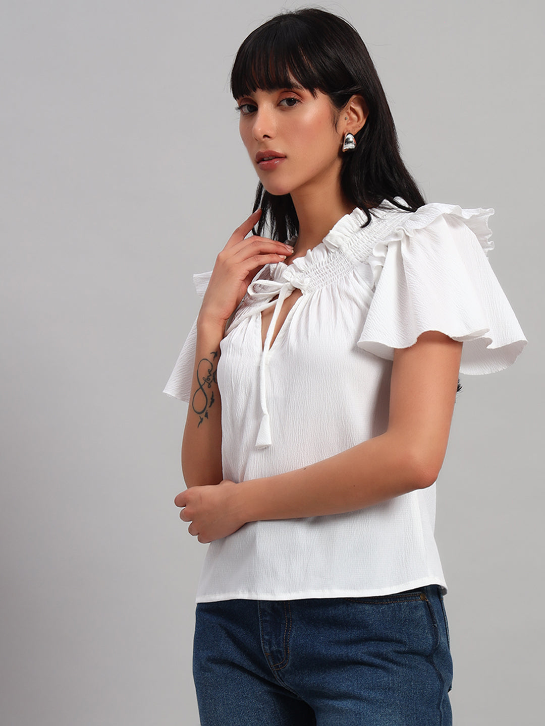 Women White Smocked Round Neck Regular Top
