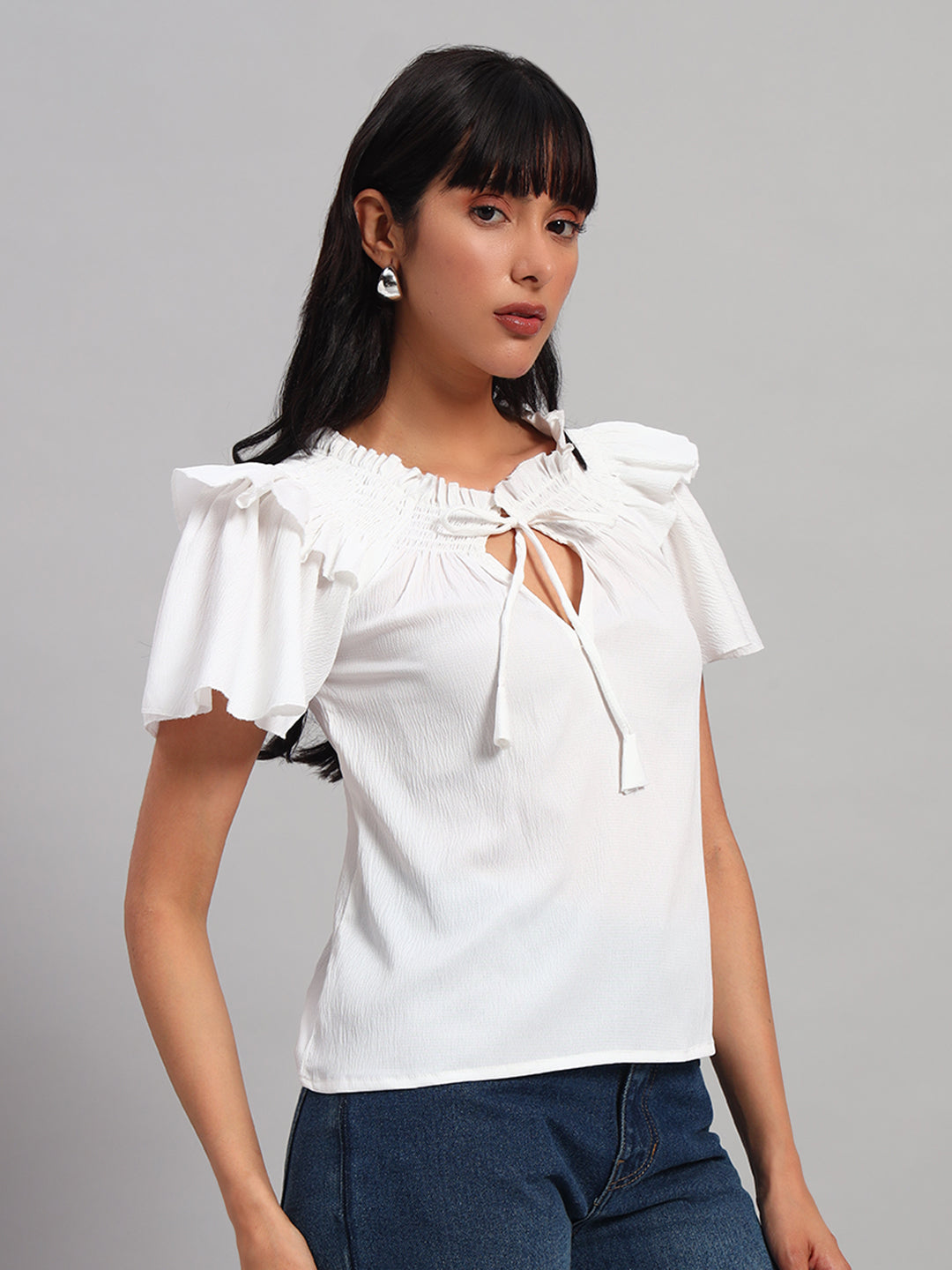 Women White Smocked Round Neck Regular Top