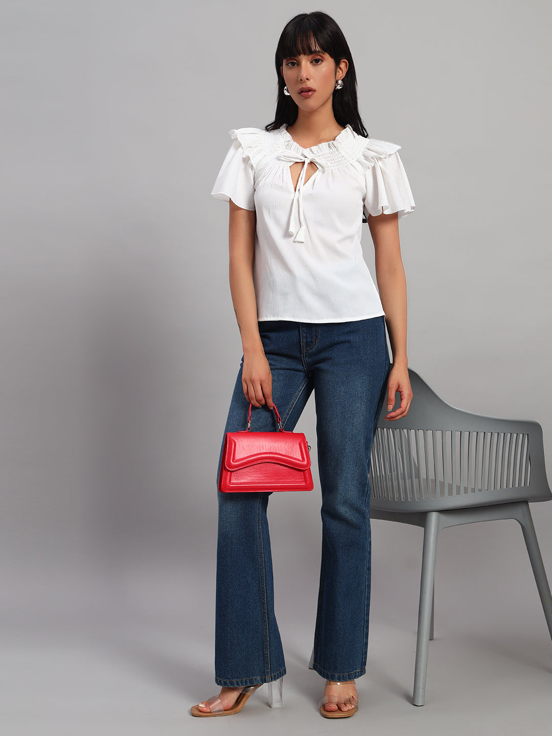 Women White Smocked Round Neck Regular Top