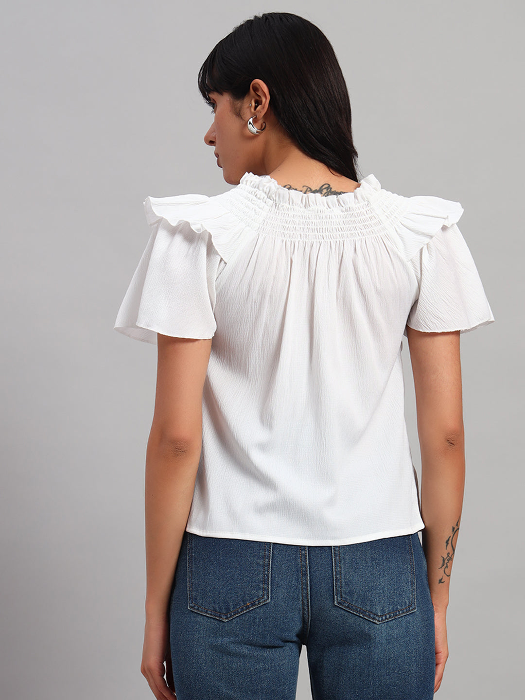 Women White Smocked Round Neck Regular Top