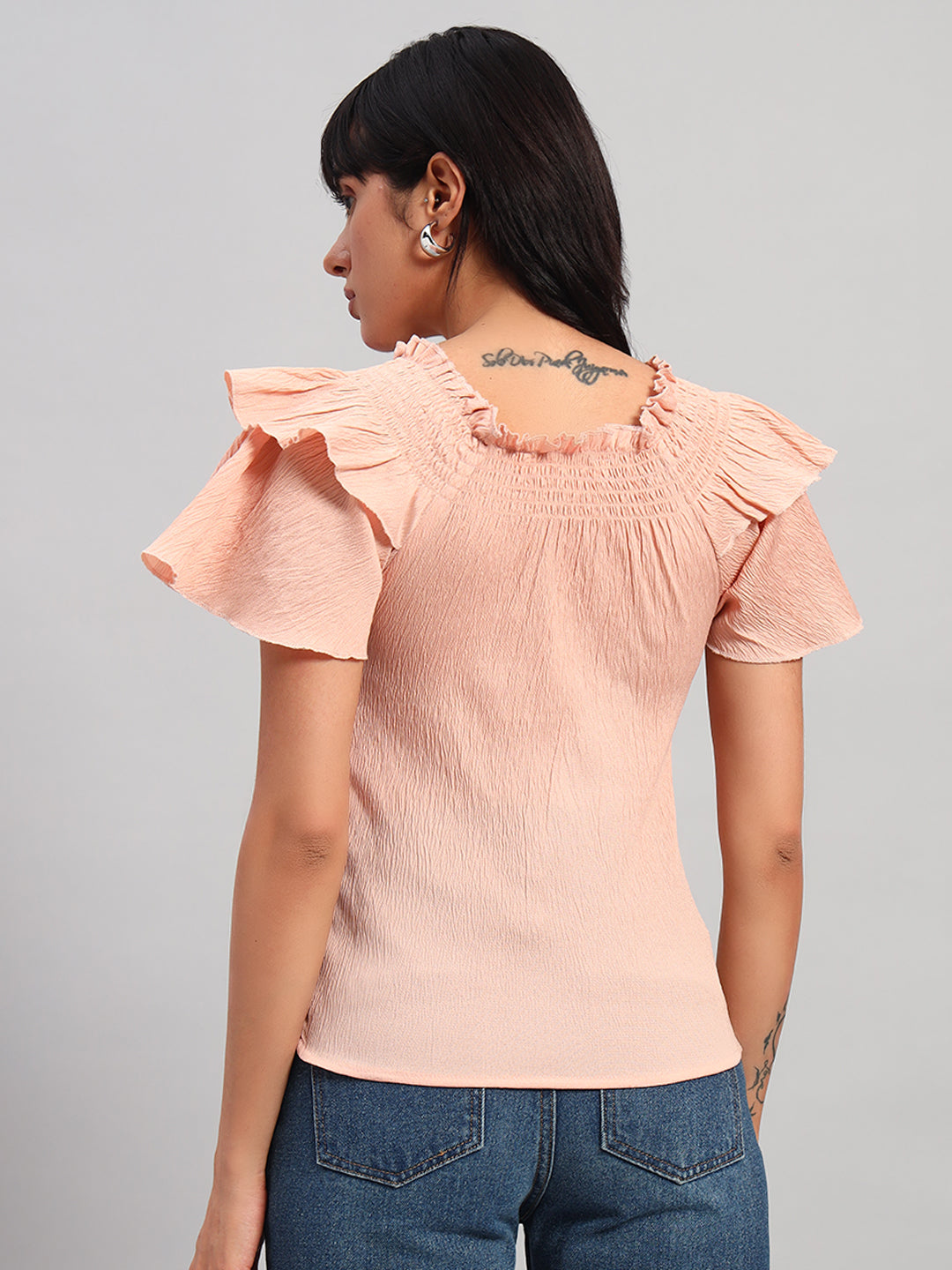 Women Peach Smocked Round Neck Regular Top