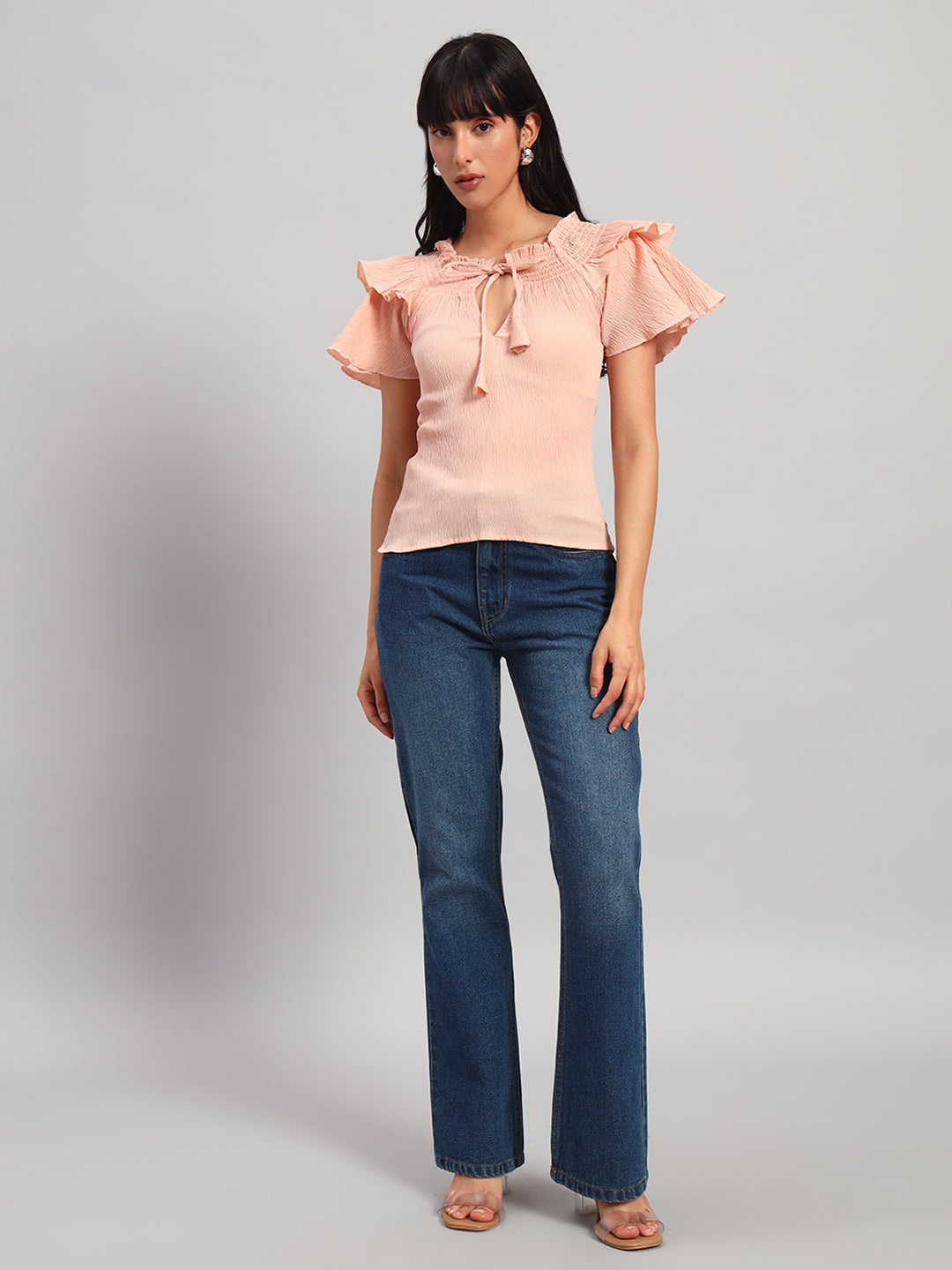 Women Peach Smocked Round Neck Regular Top