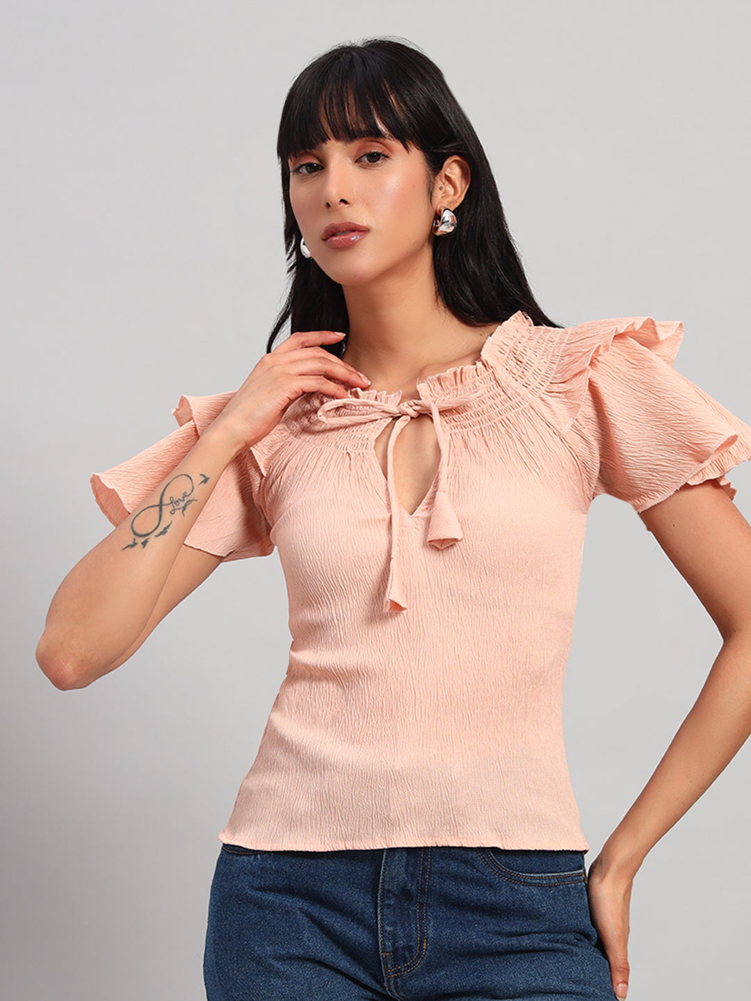 Women Peach Smocked Round Neck Regular Top