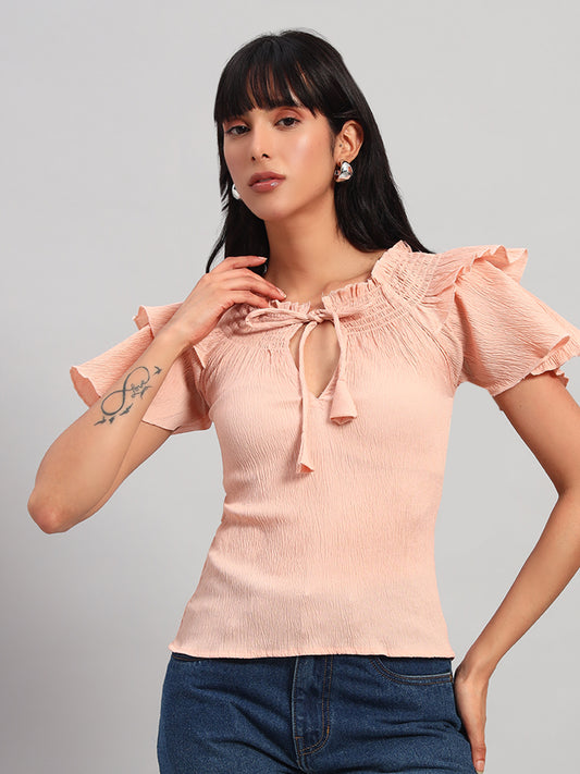 Women Peach Smocked Round Neck Regular Top