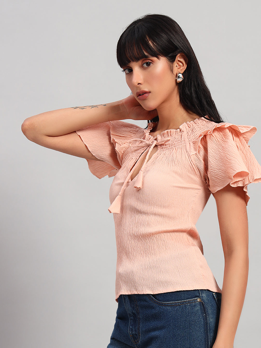 Women Peach Smocked Round Neck Regular Top