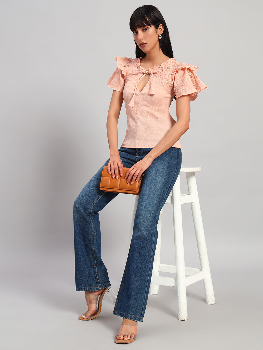 Women Peach Smocked Round Neck Regular Top