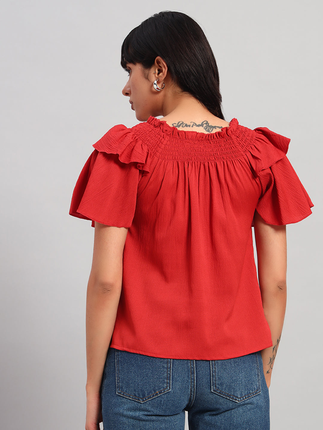 Women Red Smocked Round neck Regular Top